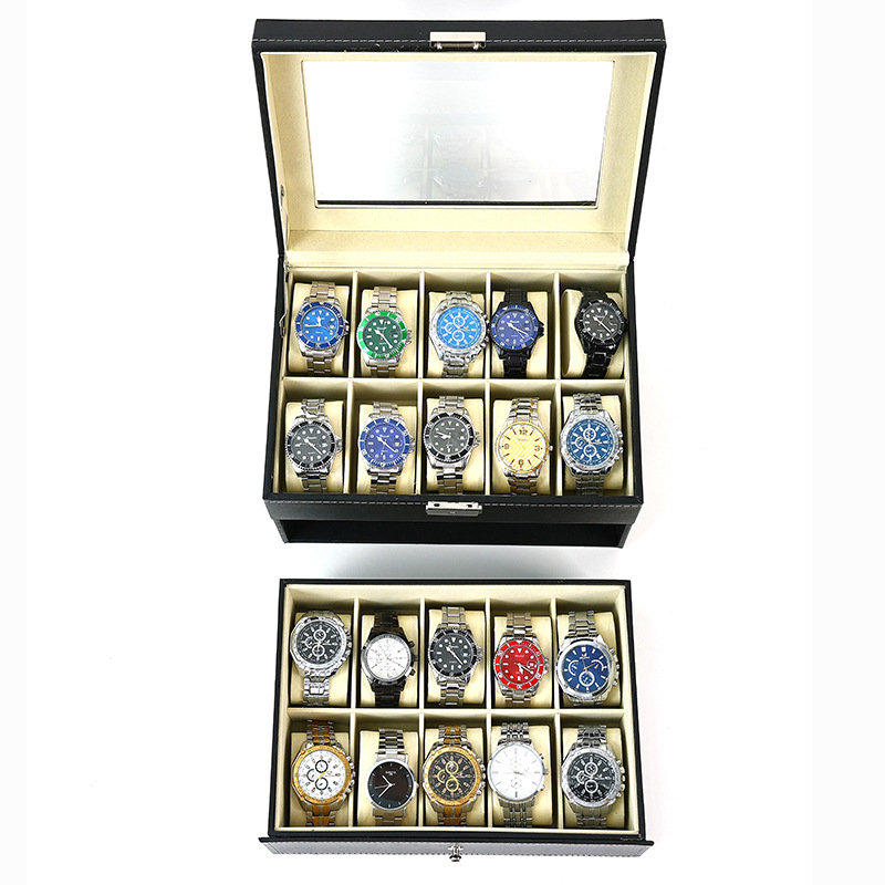 Didmeninė prekyba PU odos dvigubo sluoksnio stalčiumi 20 bitų laikrodžių dėžutės papuošalų dovanų laikymo pakavimo dėžutės gamyklos tiesioginis tiekimas