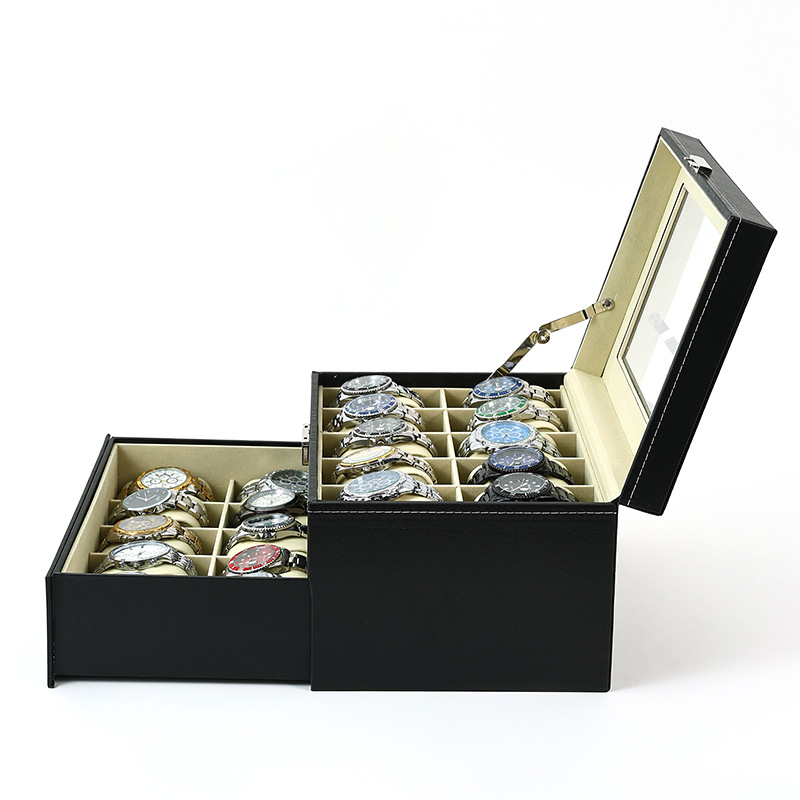 Didmeninė prekyba PU odos dvigubo sluoksnio stalčiumi 20 bitų laikrodžių dėžutės papuošalų dovanų laikymo pakavimo dėžutės gamyklos tiesioginis tiekimas