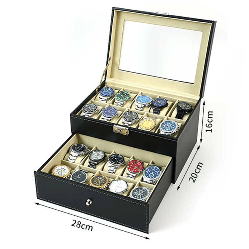 Didmeninė prekyba PU odos dvigubo sluoksnio stalčiumi 20 bitų laikrodžių dėžutės papuošalų dovanų laikymo pakavimo dėžutės gamyklos tiesioginis tiekimas