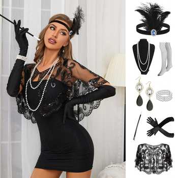 Gatsby 1920-as évekbeli legénybúcsú retro toll fejpánt álarcosbál szett fejdísz nyaklánc kesztyűk cigarettarúd