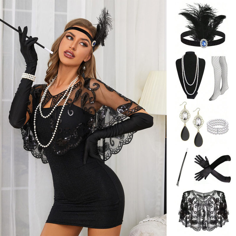 Gatsby 1920-as évekbeli legénybúcsú retro toll fejpánt álarcosbál szett fejdísz nyaklánc kesztyűk cigarettarúd