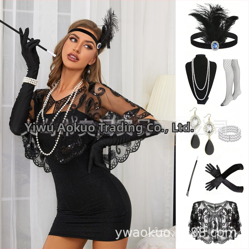 Gatsby 1920-as évekbeli legénybúcsú retro toll fejpánt álarcosbál szett fejdísz nyaklánc kesztyűk cigarettarúd