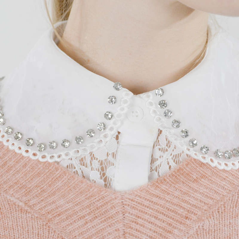 Strasszos, kerek nyakú, aranyos, összeillő pulóver, elegáns, bájos dizájn, niche, luxus, hamis gallér, gyermek, raktáron