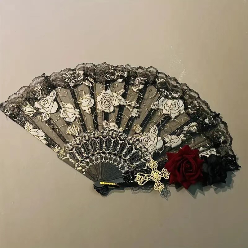 Új Lolita csipke legyező Gyönyörű retró európai stílusú rózsás összecsukható legyező Tea Party Diablo Comic-Con Cos kellékek