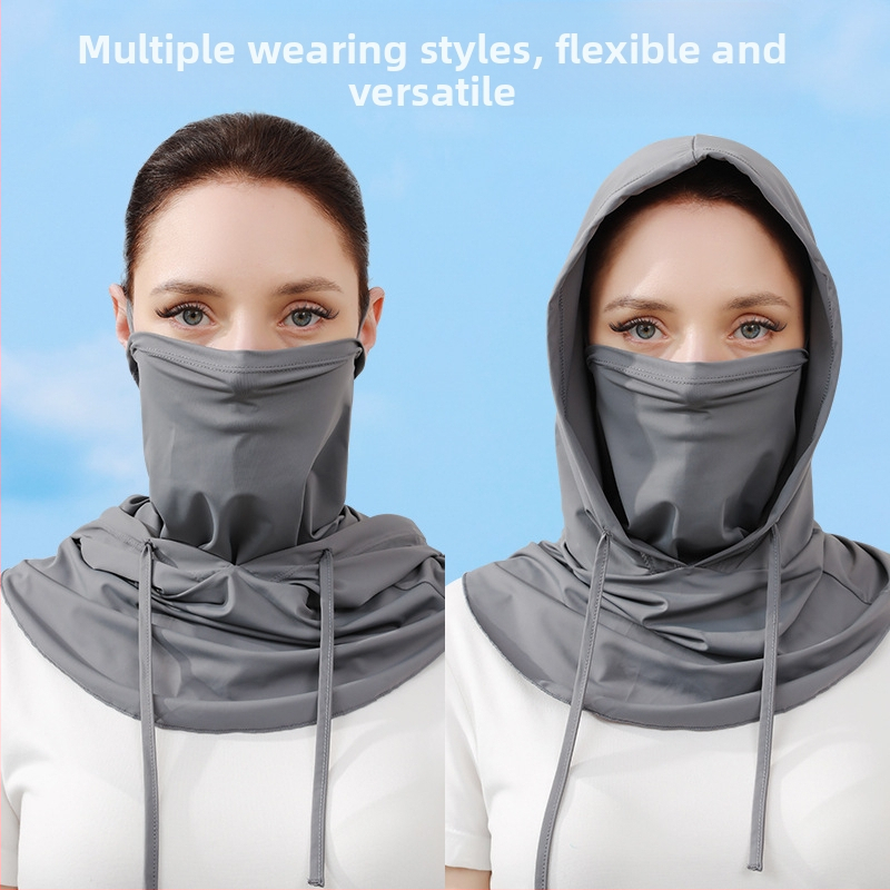 Лятна слънцезащитна маска с качулка от ледена коприна, тънка, за мъже и жени, защита за лице, шал за врата, шапка за открито, маска за колоездене