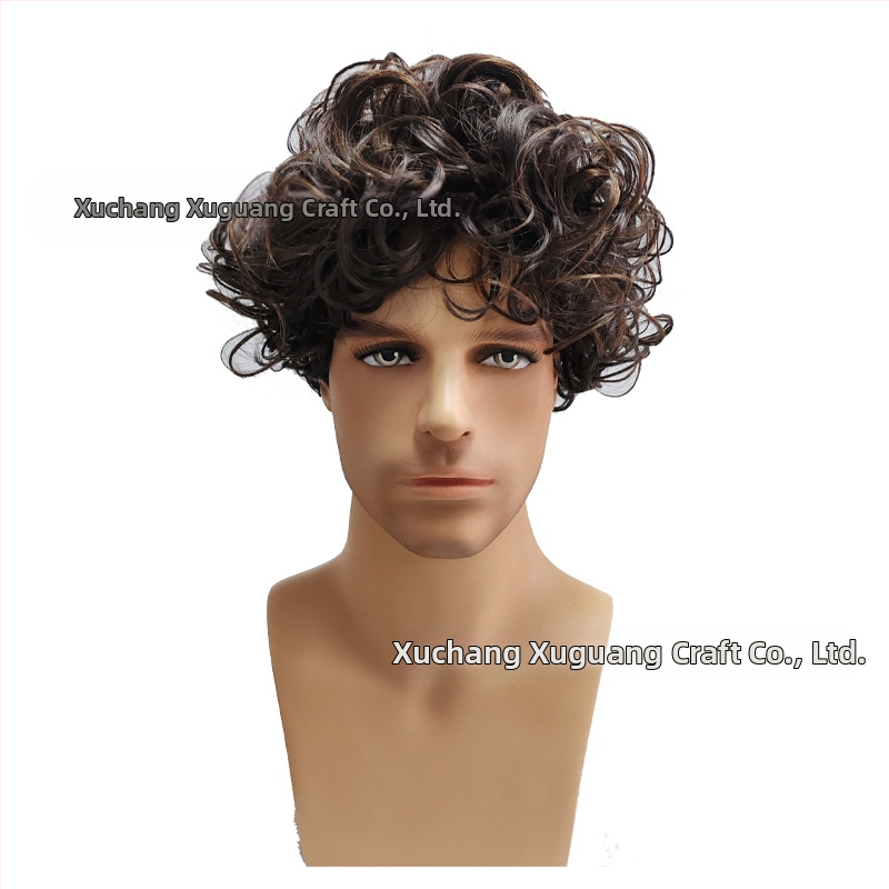 TEMU европейска и американска перука мъжка перука къса коса мъжка пухкава тъмнокафява перука бретон обърната къса коса къдрава коса