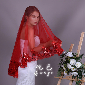 Χονδρική Yueji Ευρωπαϊκό και Αμερικανικό νυφικό πέπλο γάμου με δαντέλα, κόκκινο πέπλο χωρίς χτένα YJV232