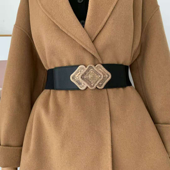 Vintage csatos derékzáras női rugalmas, széles derekú, dekoratív kabát, kabát derékgyári arany körte alakú csepp