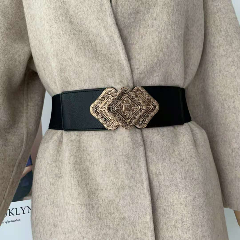 Vintage csatos derékzáras női rugalmas, széles derekú, dekoratív kabát, kabát derékgyári arany körte alakú csepp