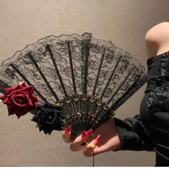 Βεντάλιες Diablo Lolita με δαντελένιο τριαντάφυλλο, πτυσσόμενες βεντάλιες, Halloween Comic-Con Cos Αξεσουάρ Vintage Ευρωπαϊκή Διακόσμηση