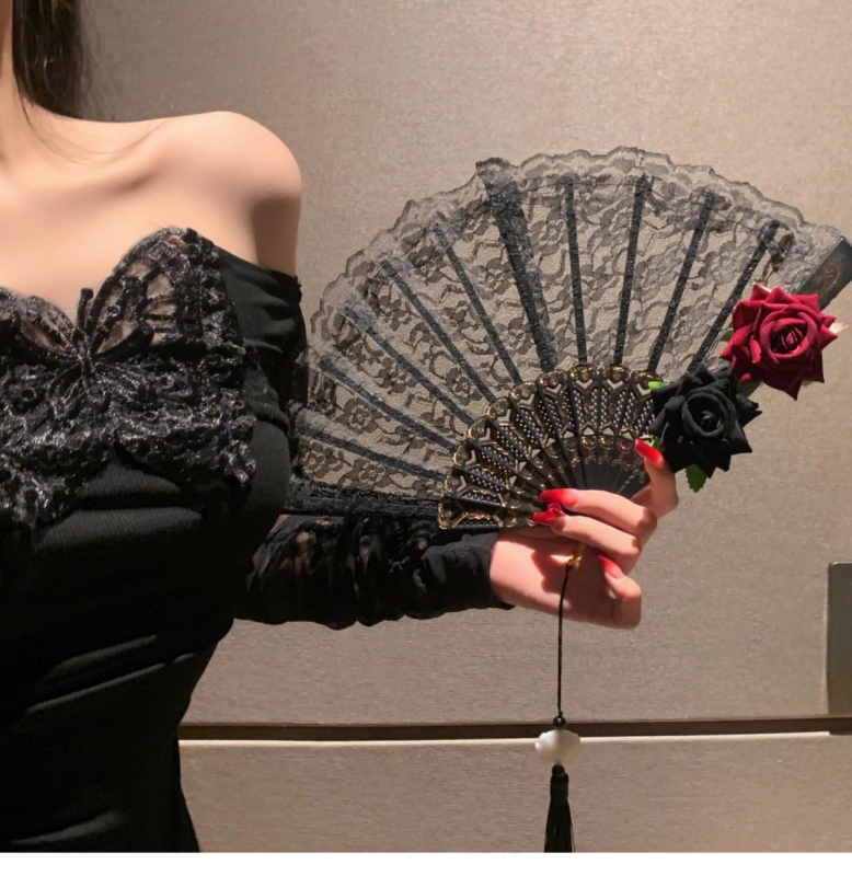 Diablo Lolita csipkés rózsa legyezők összecsukható legyezők halloweeni Comic-Con Cos kiegészítők vintage európai dekoráció