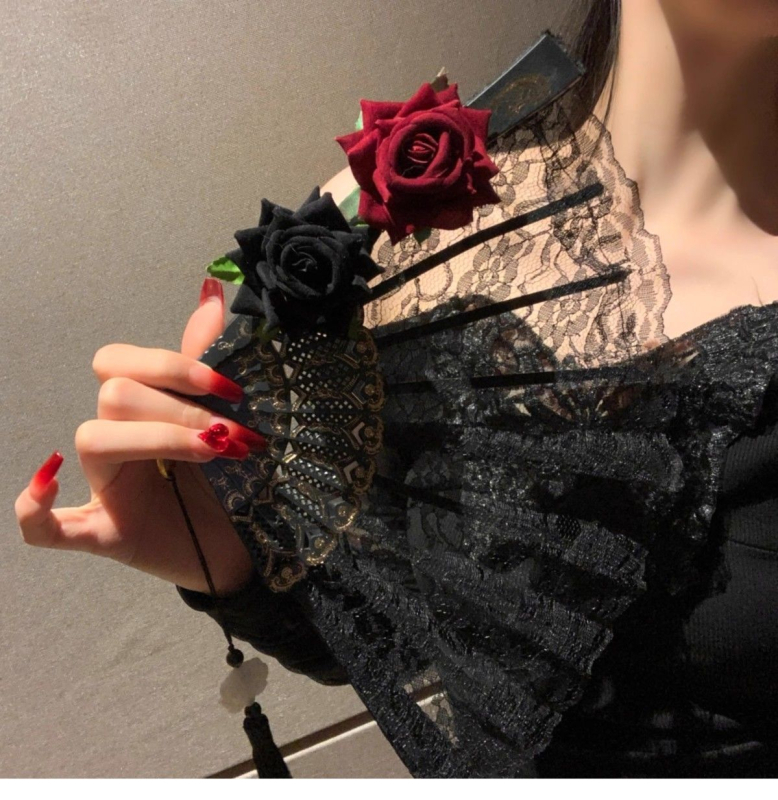 Diablo Lolita csipkés rózsa legyezők összecsukható legyezők halloweeni Comic-Con Cos kiegészítők vintage európai dekoráció