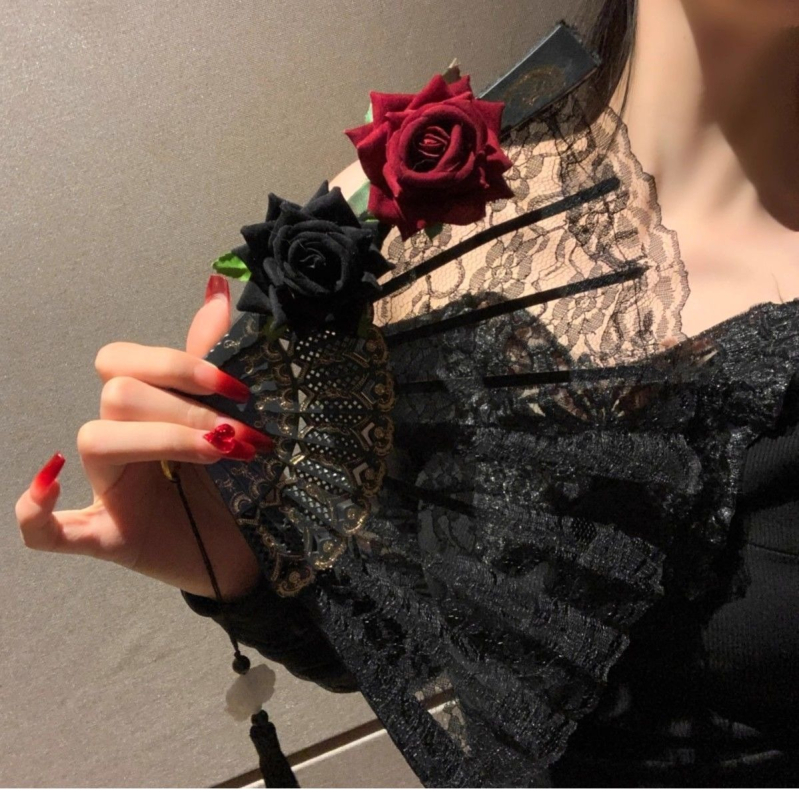 Diablo Lolita csipkés rózsa legyezők összecsukható legyezők halloweeni Comic-Con Cos kiegészítők vintage európai dekoráció