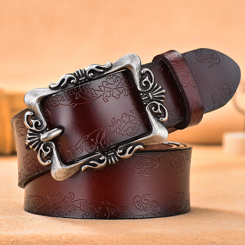 Nagykereskedelmi retro valódi bőr öv női tűcsatos dombornyomott öv marhabőr koreai változat sokoldalú nadrágöv most dropshipping