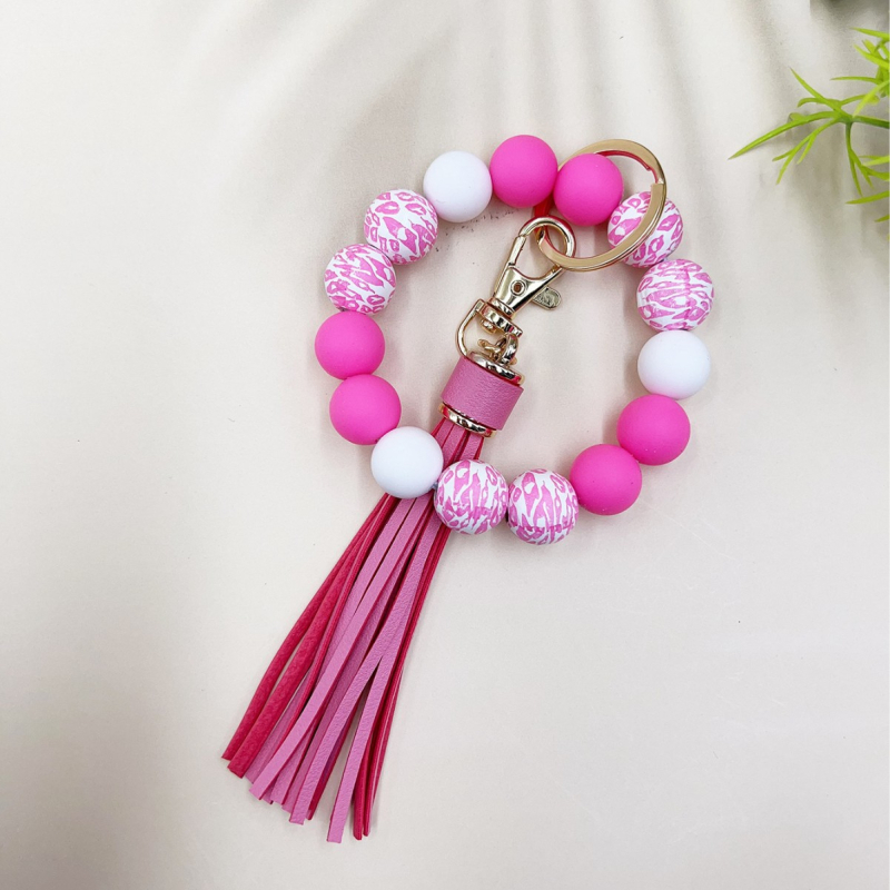 2024 Amazon új színes leopárd gyöngyös karkötő kulcstartó női színes gyöngyös karkötő bojtos medál