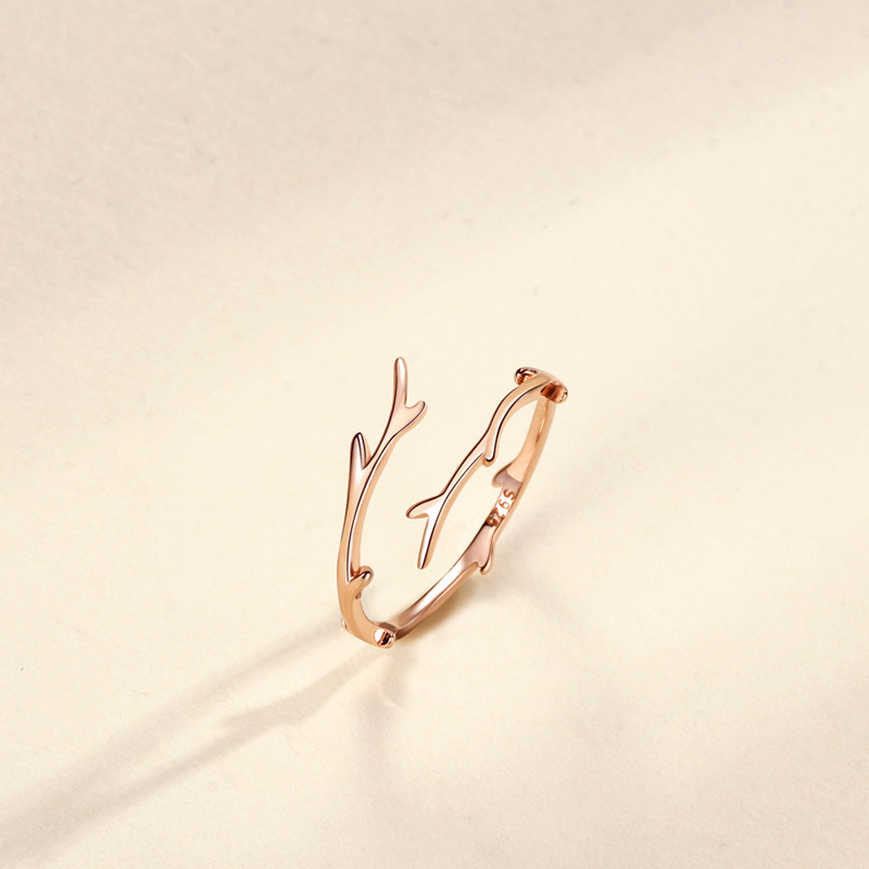 S925 srebrni japanski i korejski kreativni prsten s granom, mali svježi vjetar, jednostavan književni otvoreni prsten s rogom jelena, generacija kose