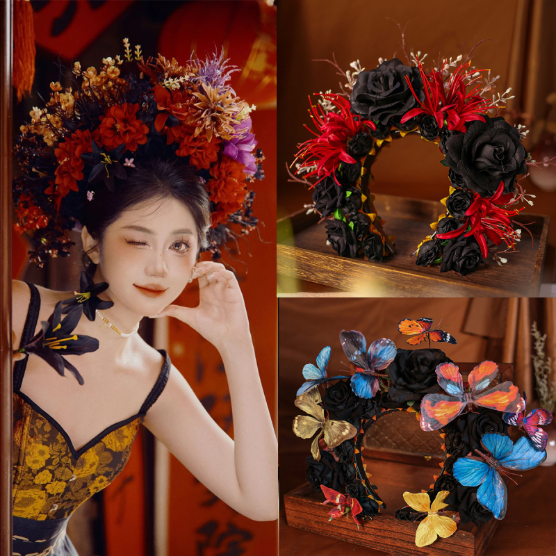 Retro Quanzhou modeliavimas juoda gėlė plaukų juosta tamsus Helovinas vieta kelionių fotografija drabužiai foto aksesuarai