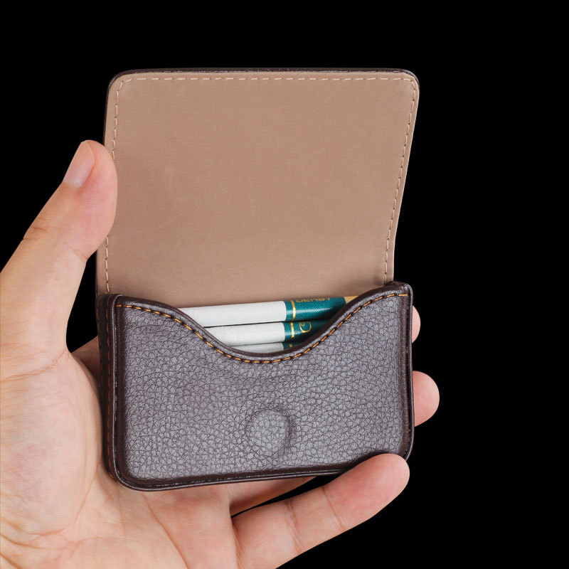 Férfi hordozható, kézzel sodort cigarettatartó, közepesen vastag, kettős célú, licsi mintás, keresztbe nyíló névjegykártya-cigarettatartó, Puskin hordozható, nedvességálló, dohányzásellenes