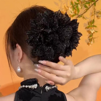 Fekete hálós virágos hajcsat, ponda farok, hajcsat, hátsó fej, cápacsat, elegáns fej, virágos hajdísz