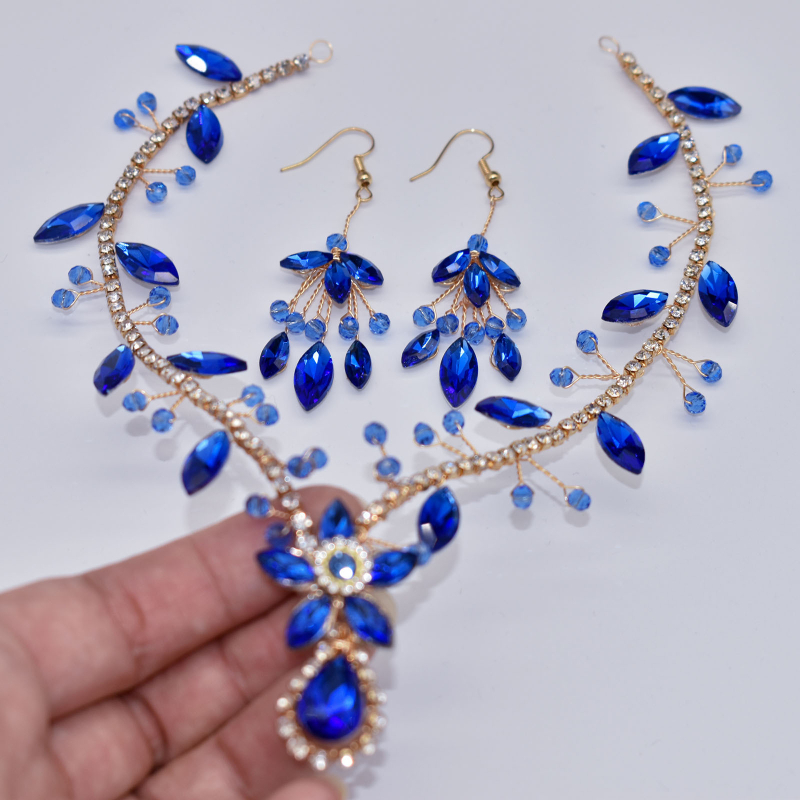 Europietiškos ir amerikietiškos rankų darbo plaukų juostos, mėlynos spalvos cirkonio krištolo kaktos grandinėlės galvos apdangalas, spalvingas pakabukas, plaukų juostos auskarai, kostiumas DZ093