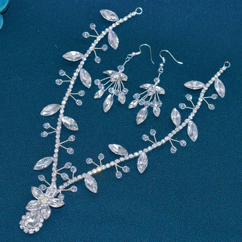 Eiropas un amerikāņu roku darbs matu lente, zila rhinestone kristāla pieres ķēdes galvassega, krāsains kulonu matu lentes auskari, DZ093