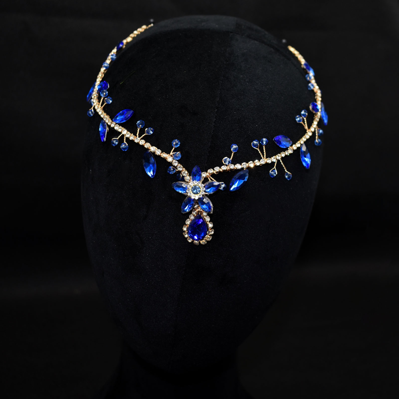 Eiropas un amerikāņu roku darbs matu lente, zila rhinestone kristāla pieres ķēdes galvassega, krāsains kulonu matu lentes auskari, DZ093