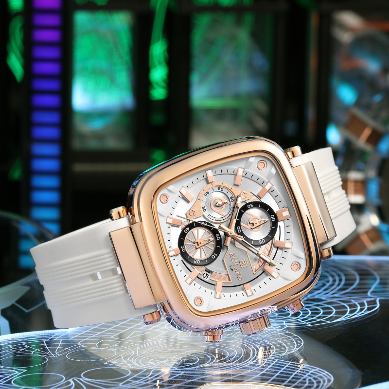 Reward multifunkcionális kvarc férfi karóra szilikon szíjjal, négyzet alakú, vízálló, háromszemű, hattűs férfi karóra RD831509M