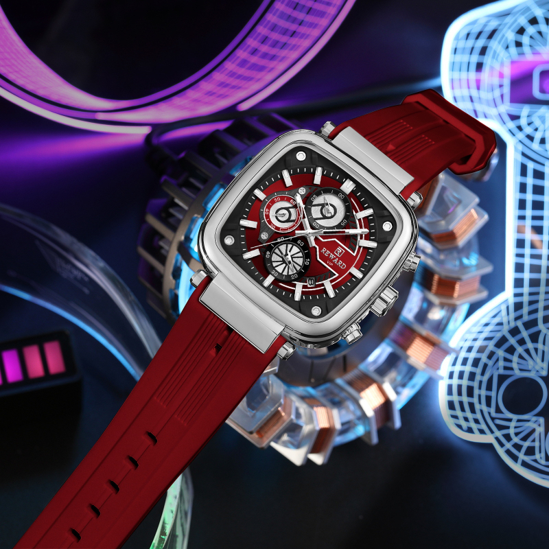 Reward multifunkcionális kvarc férfi karóra szilikon szíjjal, négyzet alakú, vízálló, háromszemű, hattűs férfi karóra RD831509M