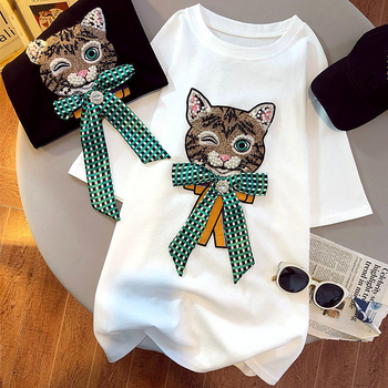 Határokon átnyúló K-stílusú tiszta pamut nehézipari hímzésű, forró gyémánt mintás, nagy méretű, rövid ujjú póló női nyári, laza, elegáns ruhák nagykereskedelme