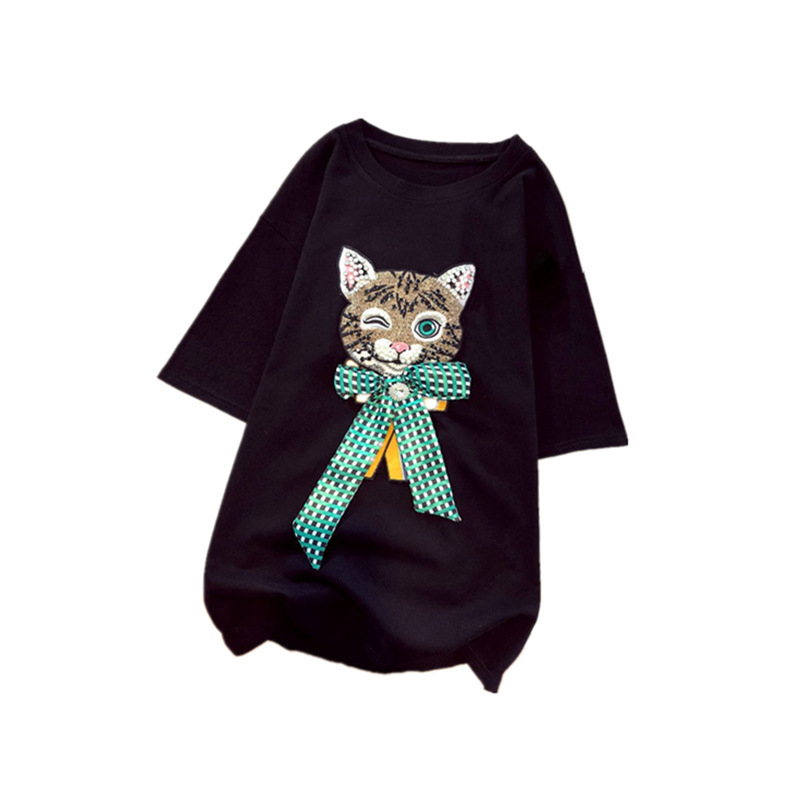 Határokon átnyúló K-stílusú tiszta pamut nehézipari hímzésű, forró gyémánt mintás, nagy méretű, rövid ujjú póló női nyári, laza, elegáns ruhák nagykereskedelme