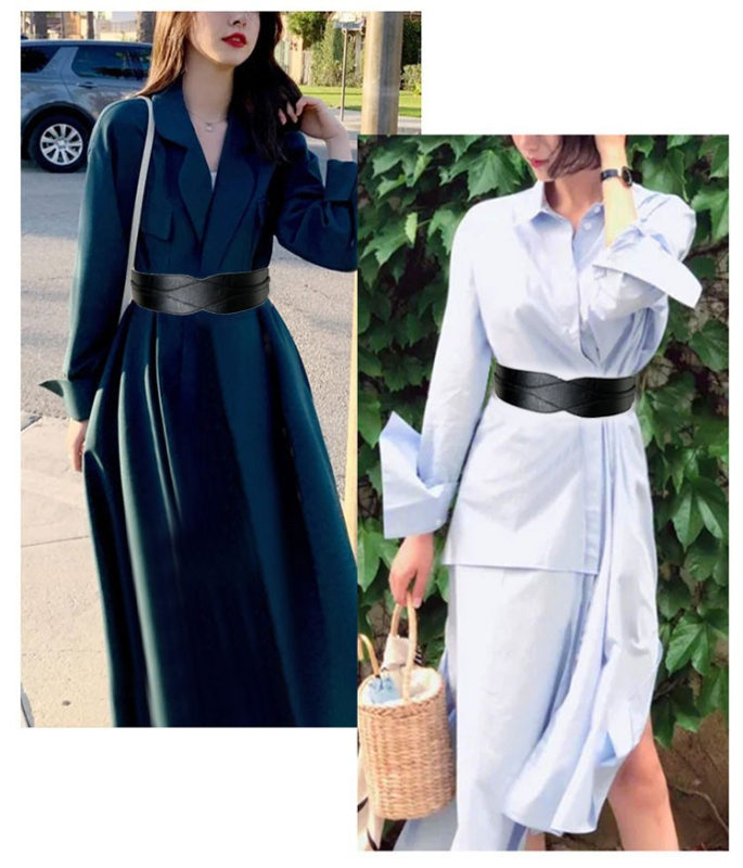 Europietiškos ir amerikietiškos mados moteriškos suknelės su elastiniu diržu, paprastas, universalus paltas, dekoratyvinis platus juosmuo, juodas diržas, aksesuarai