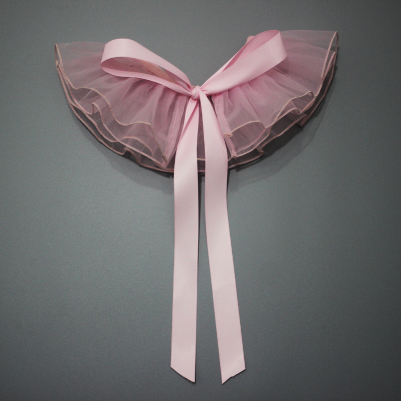 Rózsaszín, átlapolt, lányos, organza, masnipántos kendő, hamisgallérral