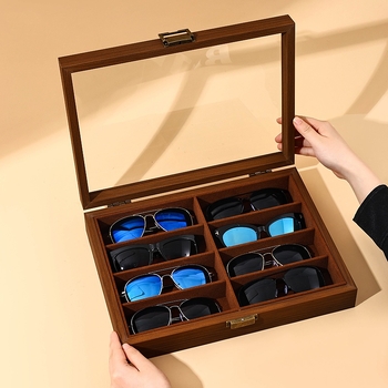 Musta pähkli värvi 8-sektsiooniga läbipaistev tolmukindel prillikarp majapidamispäikeseprillide päikeseprillide kogumiskarp prillikarp