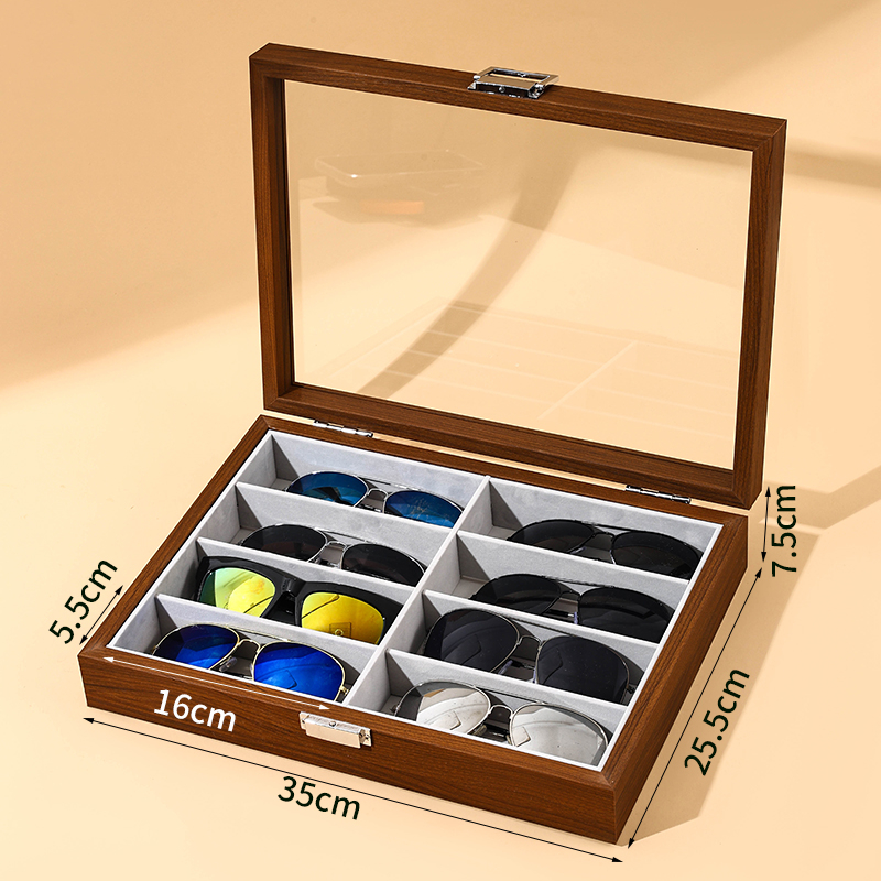 Musta pähkli värvi 8-sektsiooniga läbipaistev tolmukindel prillikarp majapidamispäikeseprillide päikeseprillide kogumiskarp prillikarp