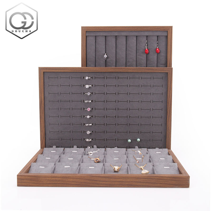 Bársony ékszertálca dió színű sötétszürke gyűrű nyaklánc fülbevaló tároló doboz karkötő díszek karkötő ékszerek