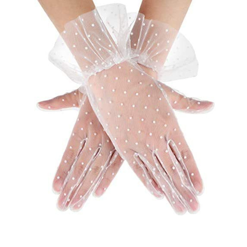 Nėriniuotos juodos taškuotos trumpos nėriniuotos pirštinės moteriškos kvėpuojančios jojimo pirštinės, apsaugančios nuo saulės, vestuvės, nuotaka, vestuvės, taškuotos pirštinės