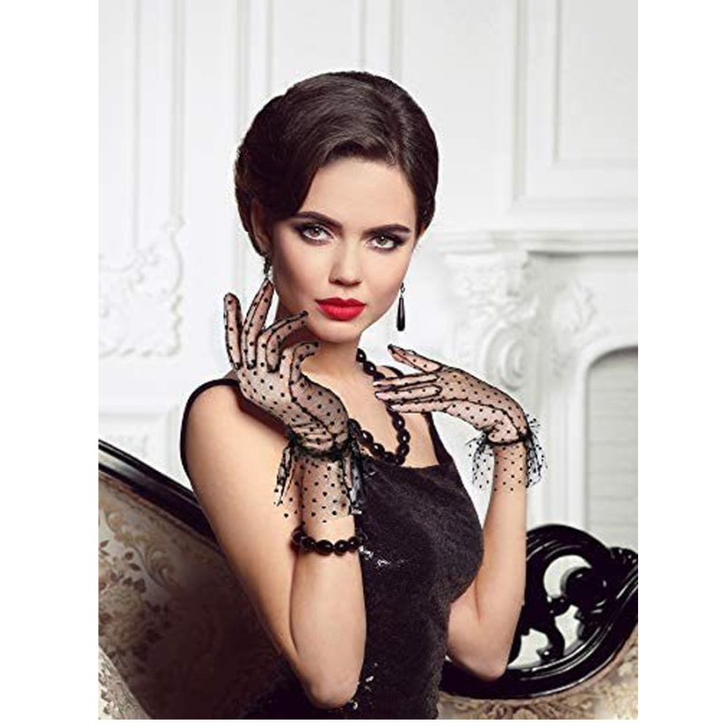 Nėriniuotos juodos taškuotos trumpos nėriniuotos pirštinės moteriškos kvėpuojančios jojimo pirštinės, apsaugančios nuo saulės, vestuvės, nuotaka, vestuvės, taškuotos pirštinės