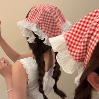 Κορδέλα για τα μαλλιά σε στυλ ποιμενικού, κόκκινο και μπλε καρό, καλοκαιρινή κορδέλα για τα μαλλιά, τριγωνική πετσέτα με δαντέλα, κορδέλα υψηλής ποιότητας Sense Atmosphere Sense