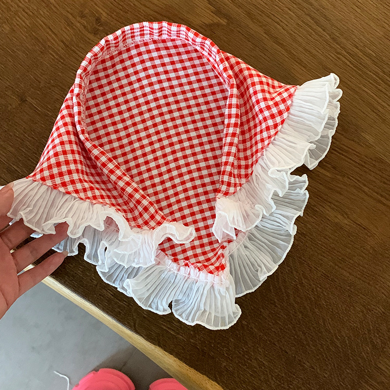 Fejpánt Pásztor stílusú Piros-kék kockás fejpánt Nyári fejpánt Csipke Háromszög alakú törölköző Luxus Sense Atmosphere Sense fejpánt