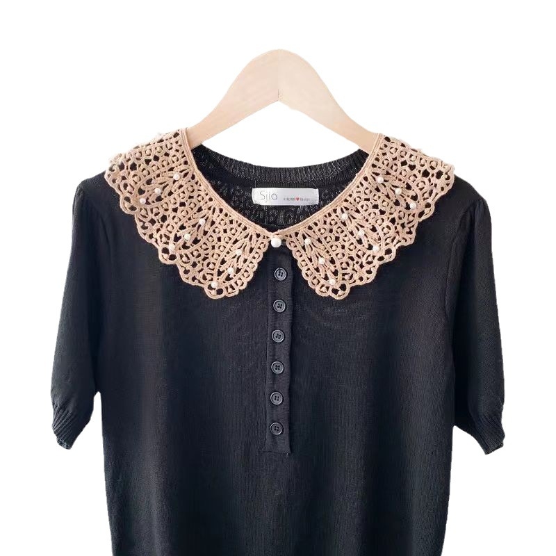 [Xinfang] [Gyöngyfűzős Csipkés Álgallér] Koreai Stílusú Üreges Kapok Selyem Kendő Nyári Naptej Minden Egyezésű Álgallér