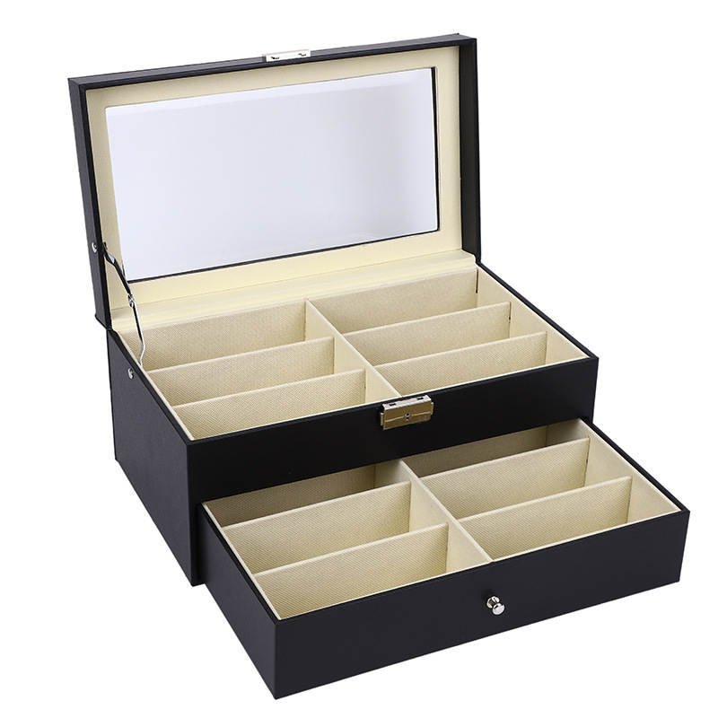 12 rekeszes, fából készült, pu bőr szemüvegtároló doboz, szemüvegtok, vitrindoboz, kétrétegű tárolódoboz, bőr ékszerdoboz gyűjteménye