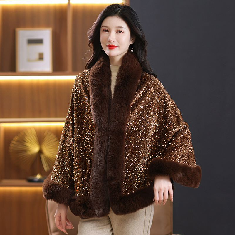 2023 ősz és tél Új flitteres kötött kendő szőrmegallér kabát gyapjúval bélelt vastagított, mindenhez illő szőrme köpeny kendő