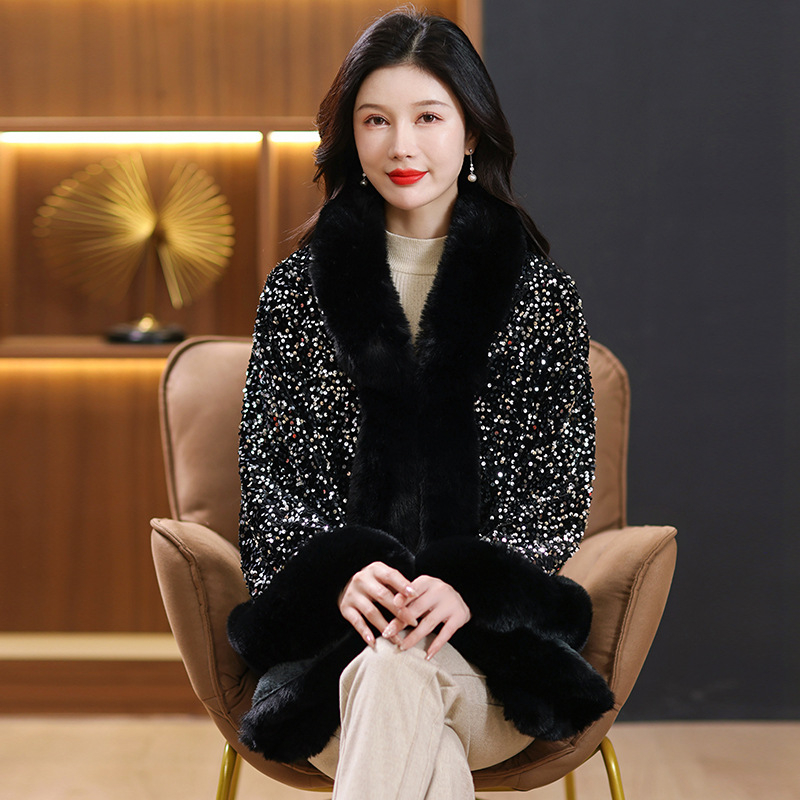 2023 ősz és tél Új flitteres kötött kendő szőrmegallér kabát gyapjúval bélelt vastagított, mindenhez illő szőrme köpeny kendő