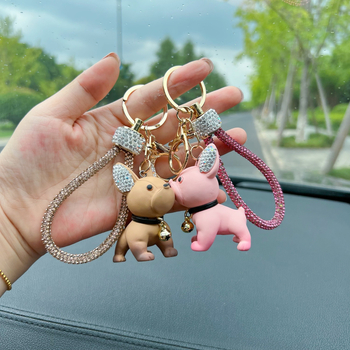 Χαριτωμένα γελοιογραφικά κρυστάλλινα γαλλικά μπουλντόγκ κουτάβι μπρελόκ αξεσουάρ χονδρικής δημιουργικά τρισδιάστατα στολίδια αυτοκίνητο μπρελόκ δαχτυλίδι κρεμαστό κόσμημα