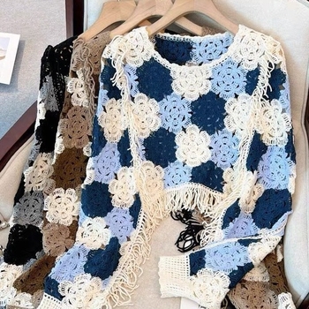 Új tavaszi és nyári vakációs, menő, bojtos kötöttáru, kivágott virágmintás, hosszú ujjú, akasztós mintás pulóver, laza blúz