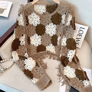 Új tavaszi és nyári vakációs, menő, bojtos kötöttáru, kivágott virágmintás, hosszú ujjú, akasztós mintás pulóver, laza blúz