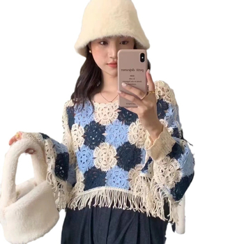 Új tavaszi és nyári vakációs, menő, bojtos kötöttáru, kivágott virágmintás, hosszú ujjú, akasztós mintás pulóver, laza blúz