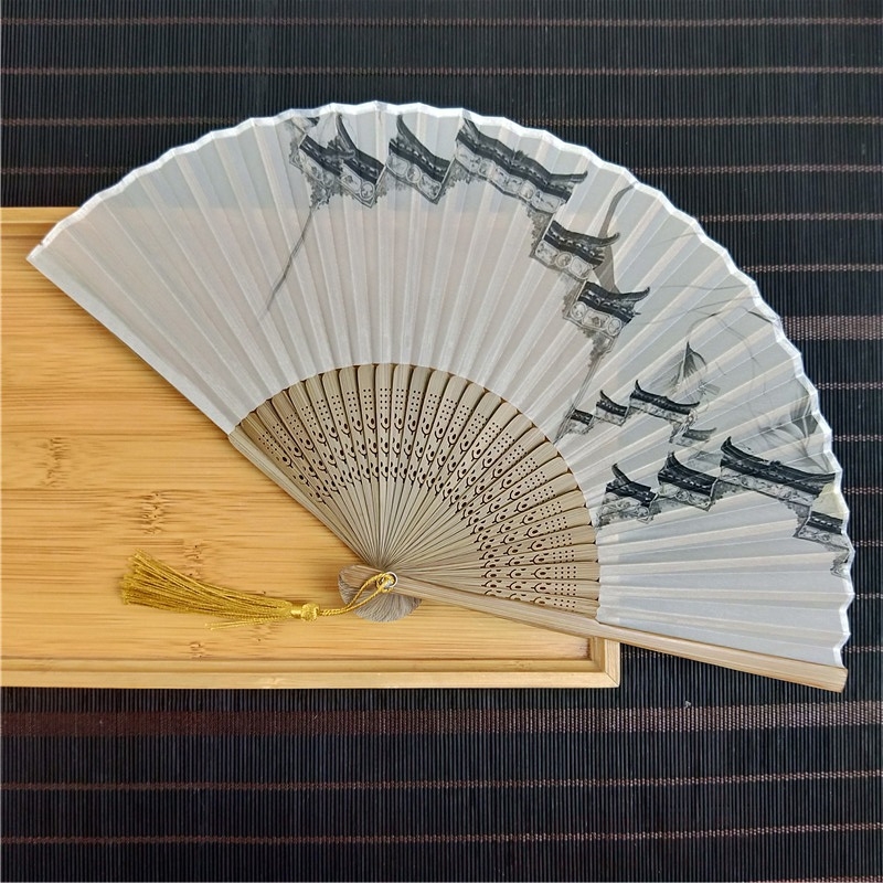 Laos Hiina stiilis väike lehvik hulgimüügist siidist imitatsiooniga roheline 6-tolline väike meeste lehvik nartsissiõie ja luuga siidist lehvik