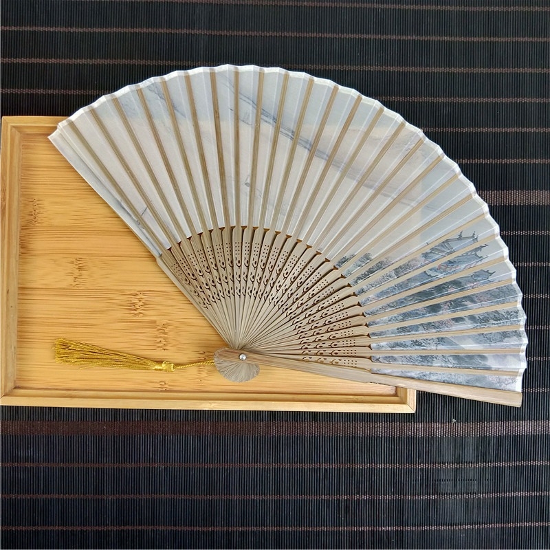 Laos Hiina stiilis väike lehvik hulgimüügist siidist imitatsiooniga roheline 6-tolline väike meeste lehvik nartsissiõie ja luuga siidist lehvik