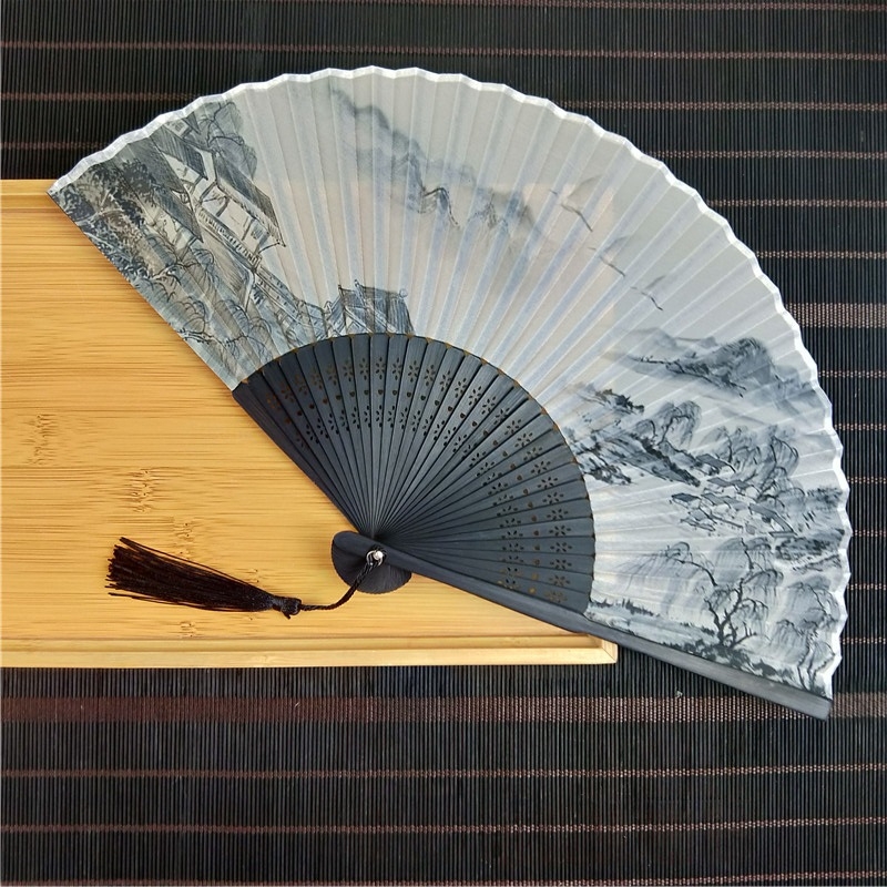 Laos Hiina stiilis väike lehvik hulgimüügist siidist imitatsiooniga roheline 6-tolline väike meeste lehvik nartsissiõie ja luuga siidist lehvik